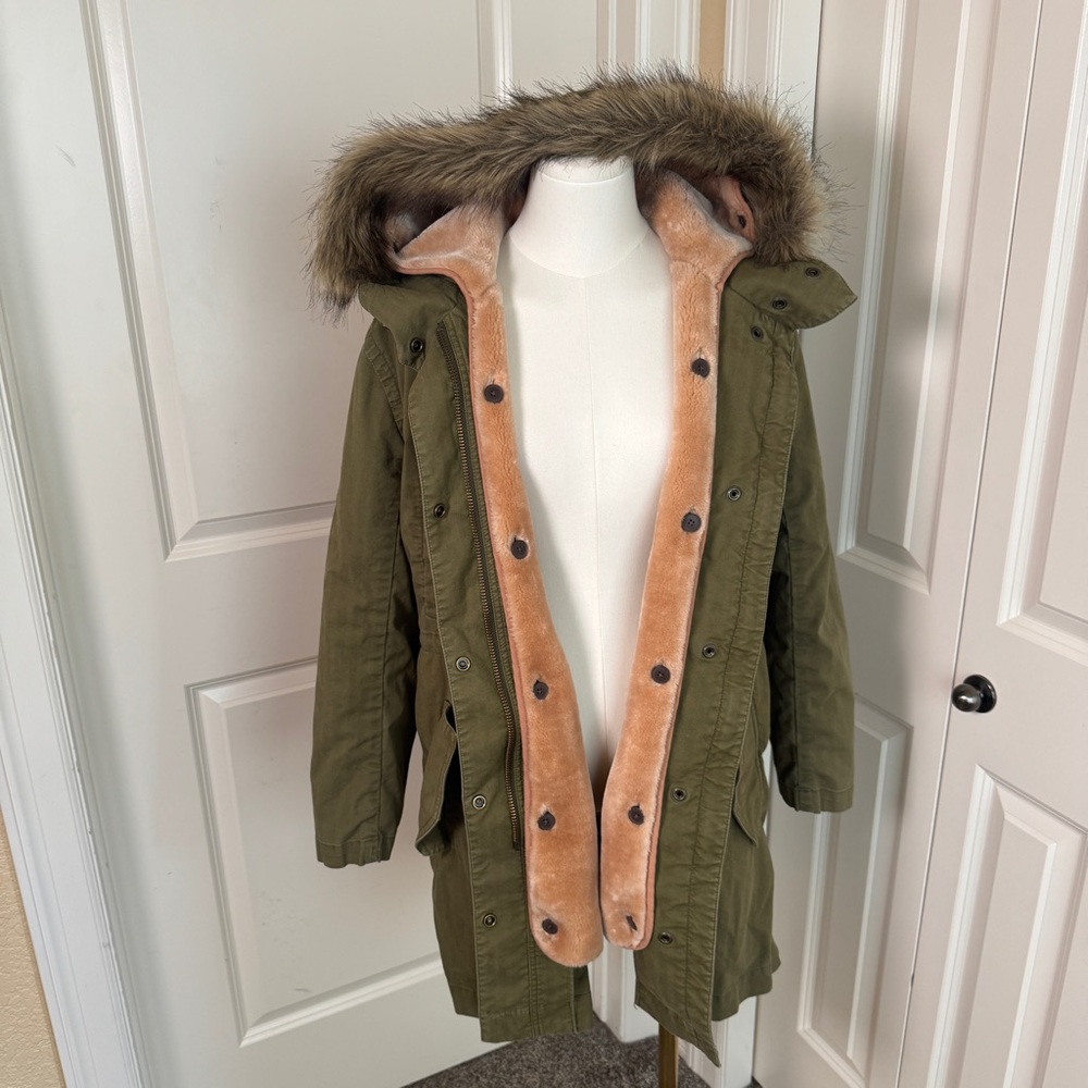 Madewell Bedford Convertable Parka Faux Fur Lined Military Surplus Coat S Green